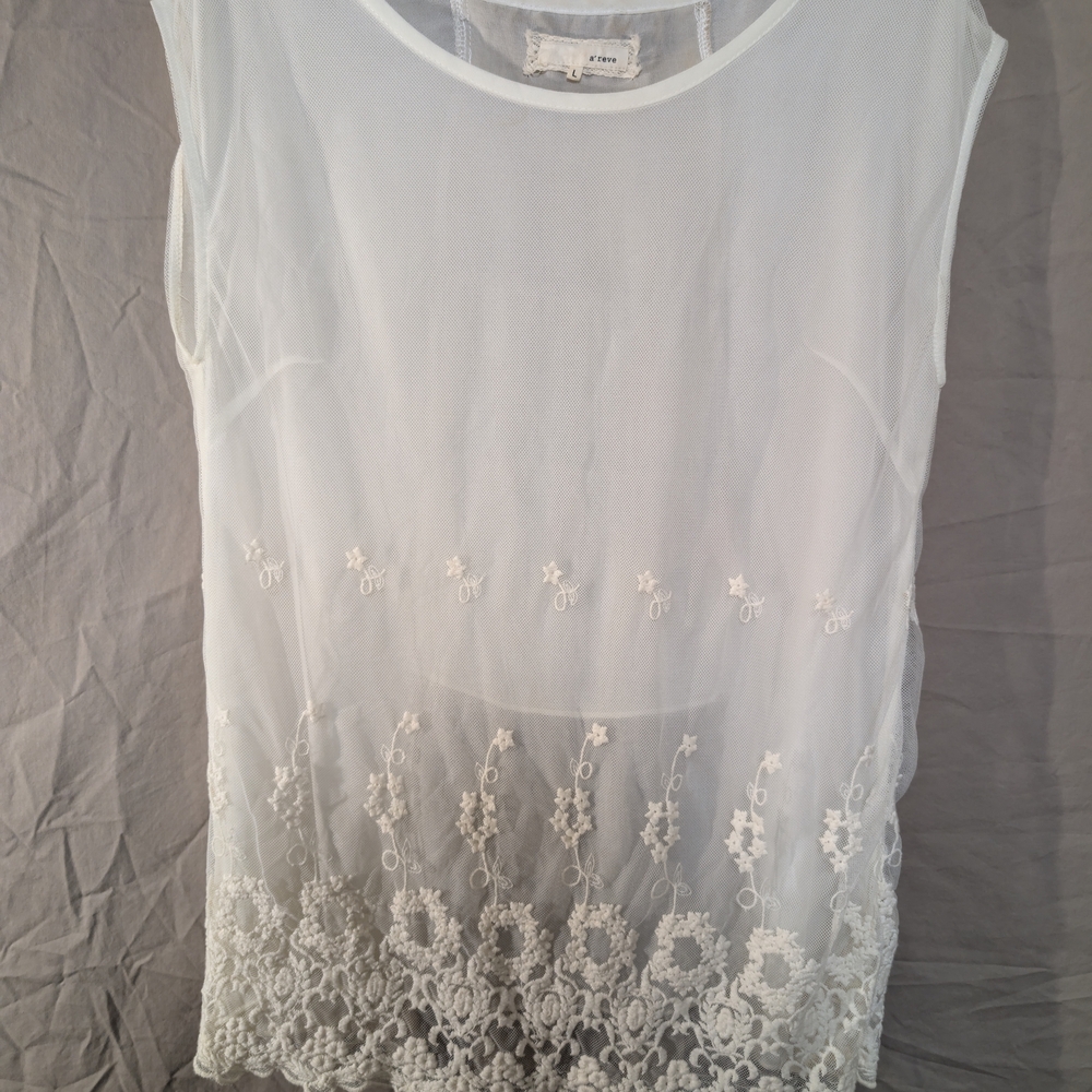 A'reve Sleeveless Embroidered Top With Back Ruffles Size L